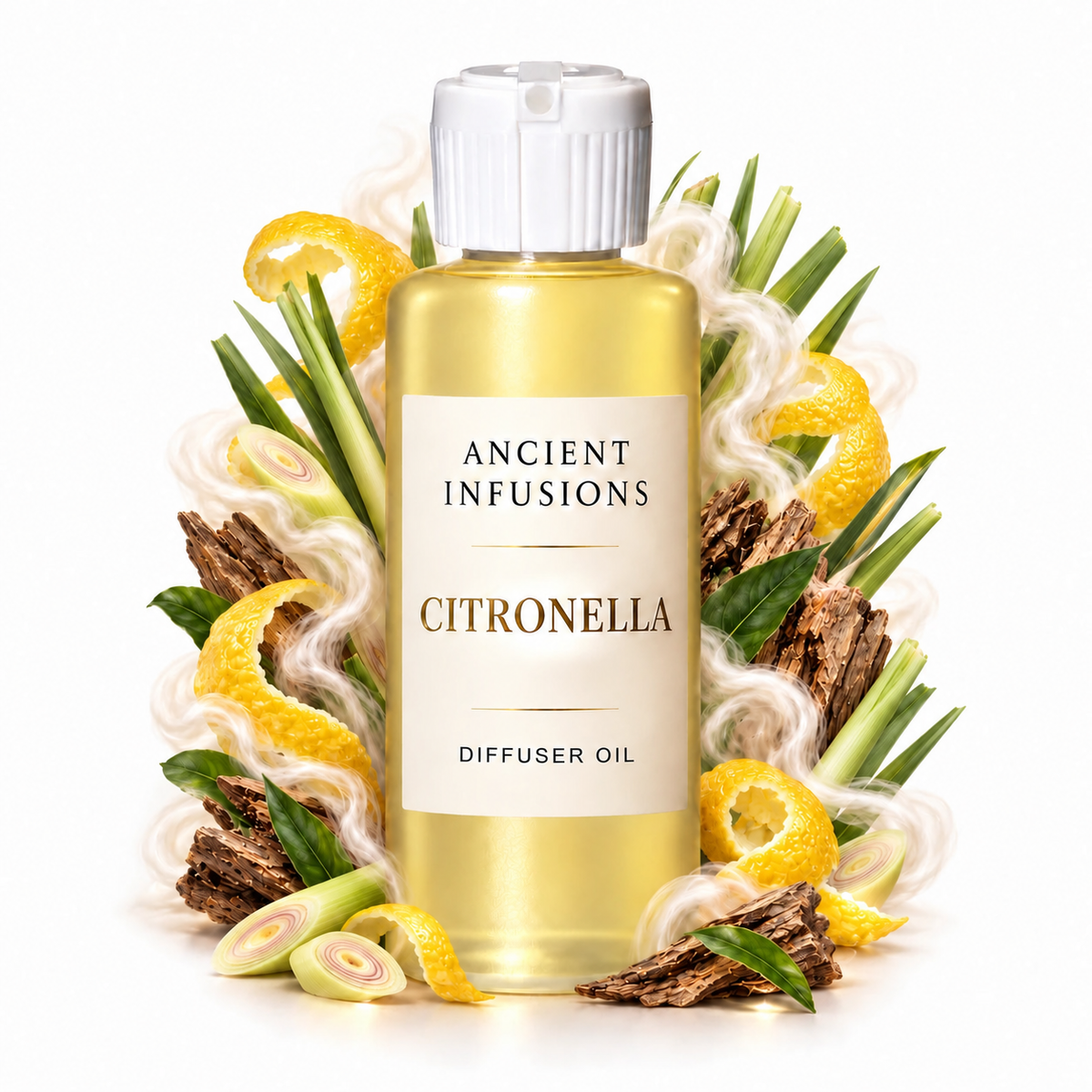Citronella Diffuser Oil by Ancient Infusions with golden oil, white cap and matching scent artwork