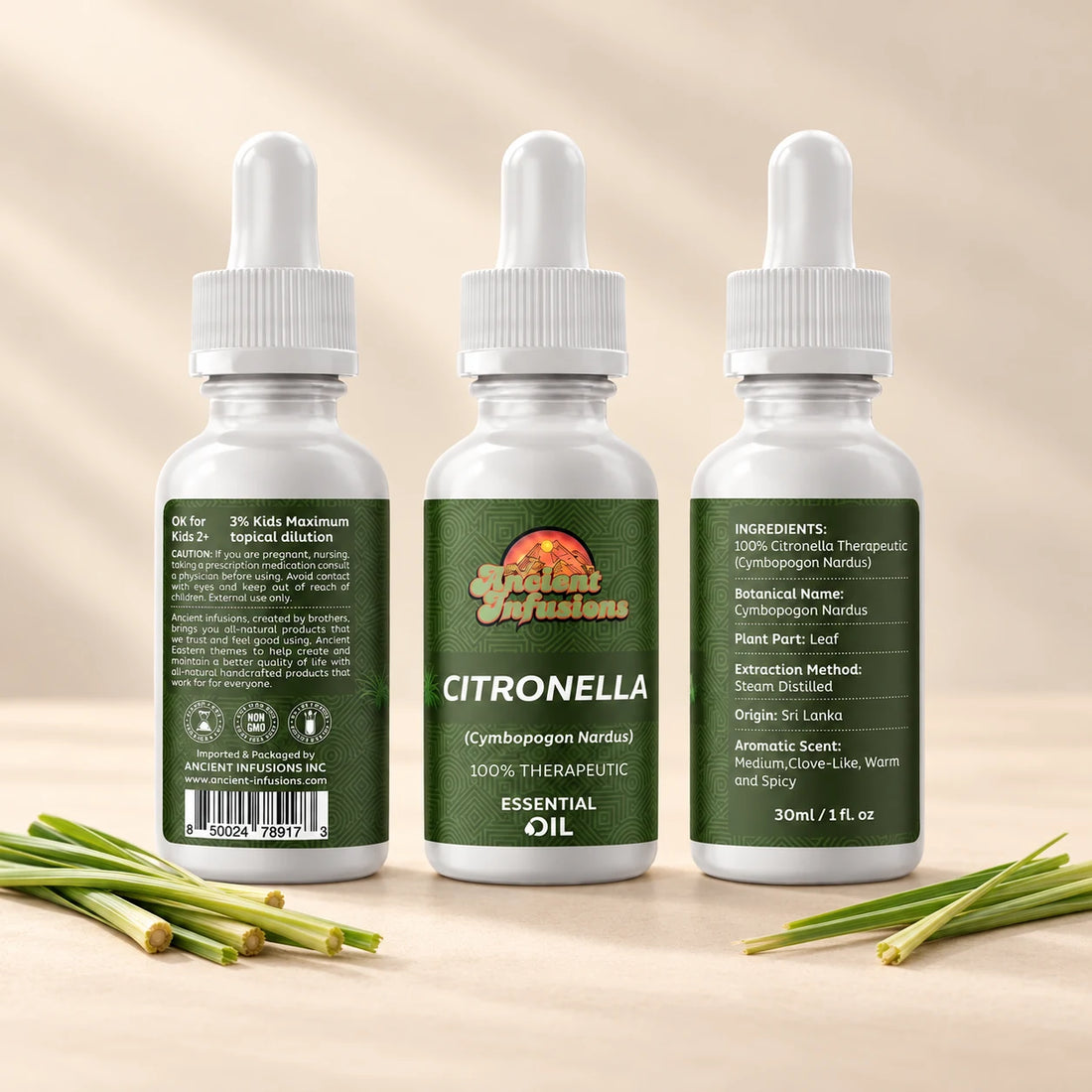 Ancient Infusions Citronella Essential Oil bottle with botanicals on a soft ivory background.