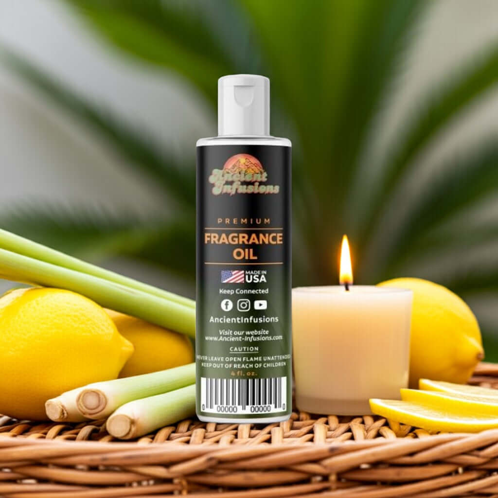 Citronella Fragrance Oil bottle with fresh lemons and lemongrass, illustrating its herbal and insect-repelling properties.