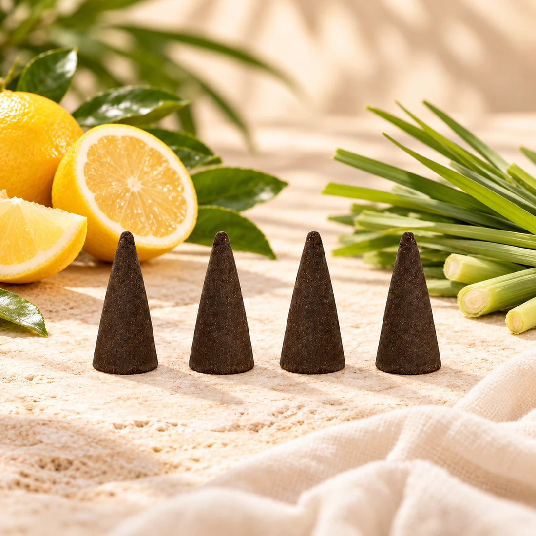 Citronella incense cones with citrus and lemongrass.