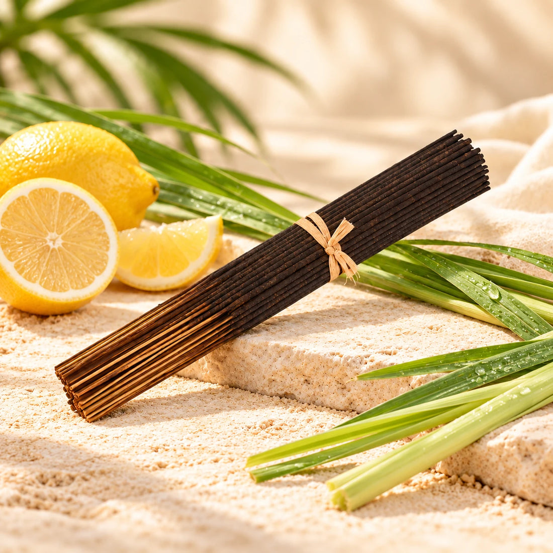 Citronella incense sticks with citrus and lemongrass.