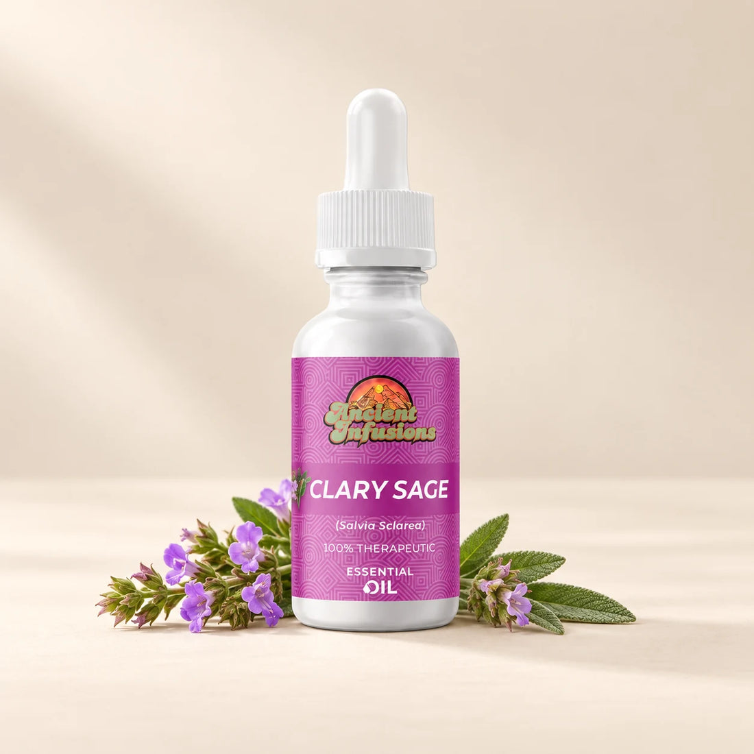 Ancient Infusions Clary Sage Essential Oil bottle with botanicals on a soft ivory background.