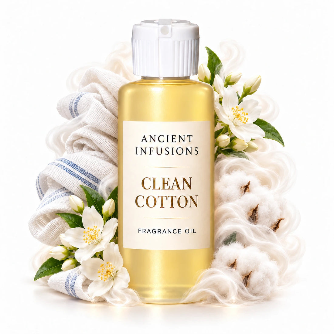Clean Cotton fragrance oil by Ancient Infusions, with pale yellow oil and a tight halo representing fresh linen, white jasmine, soft musk.