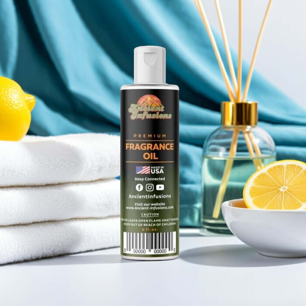 Clean Cotton Fragrance Oil bottle on bathroom counter with towels and lemon slices.