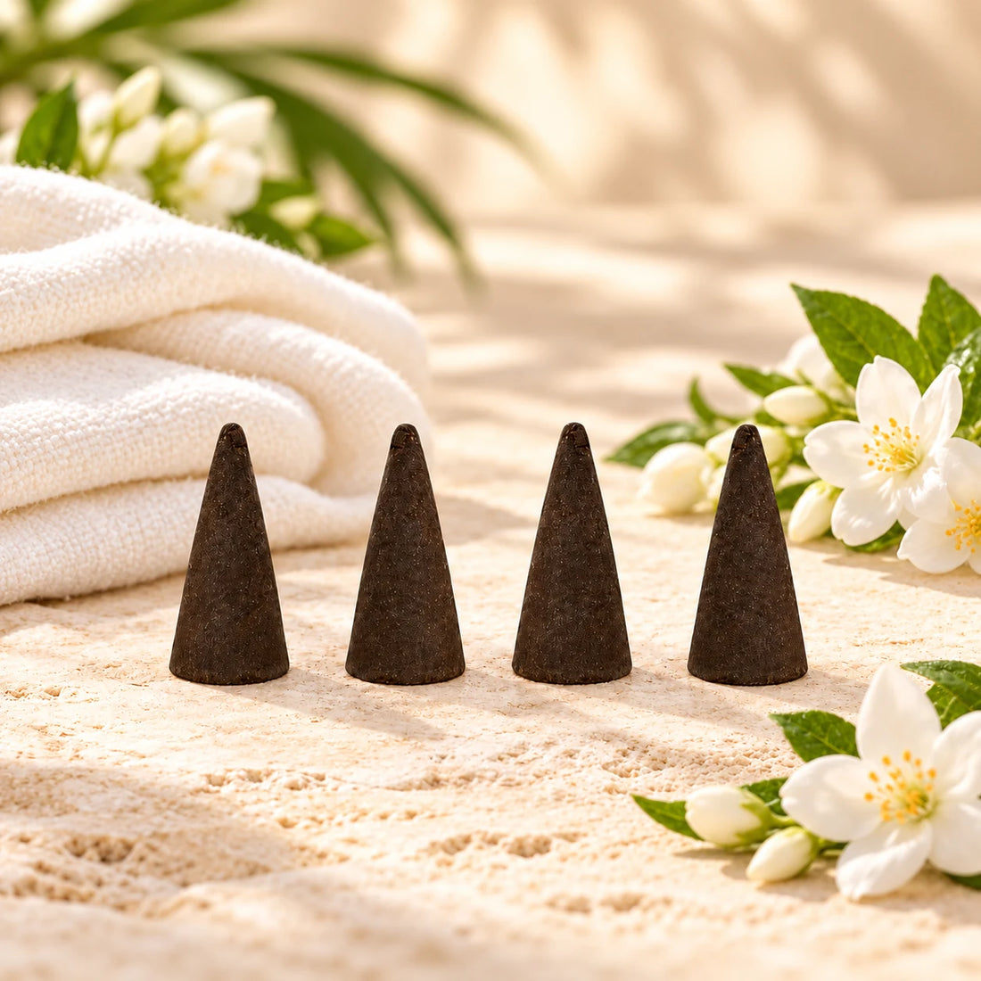 Clean Cotton incense cones with white flowers and soft fabric.