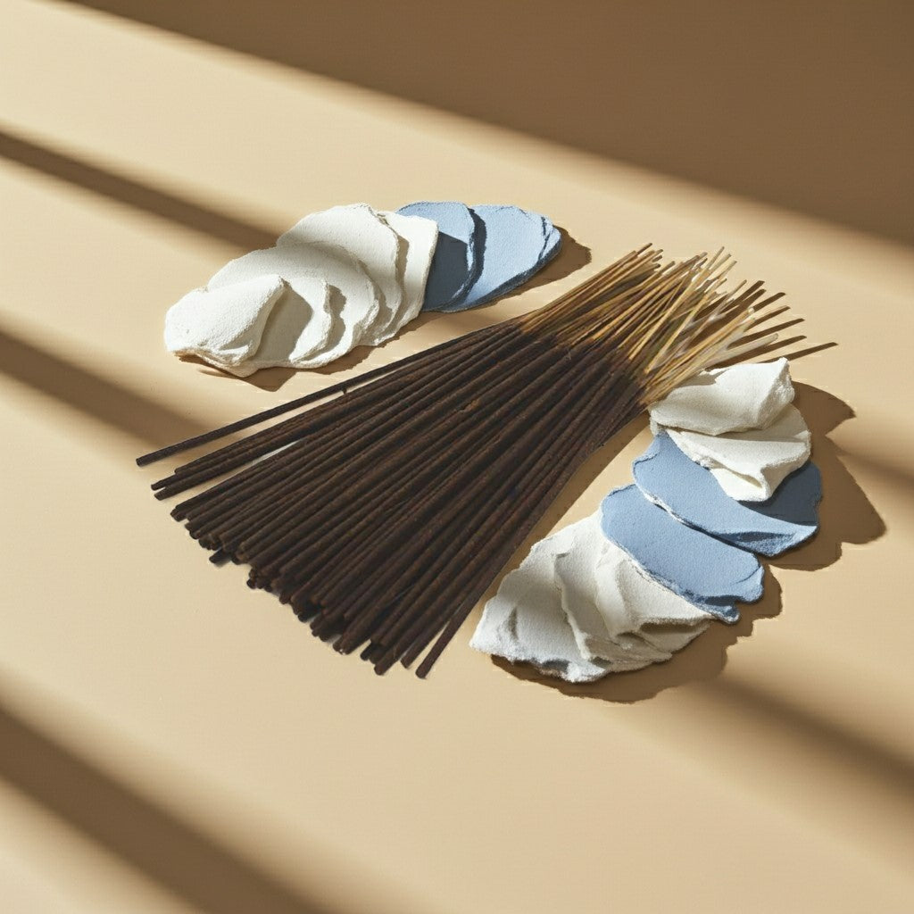 Clean Cotton Incense Sticks with decorative elements on a beige surface