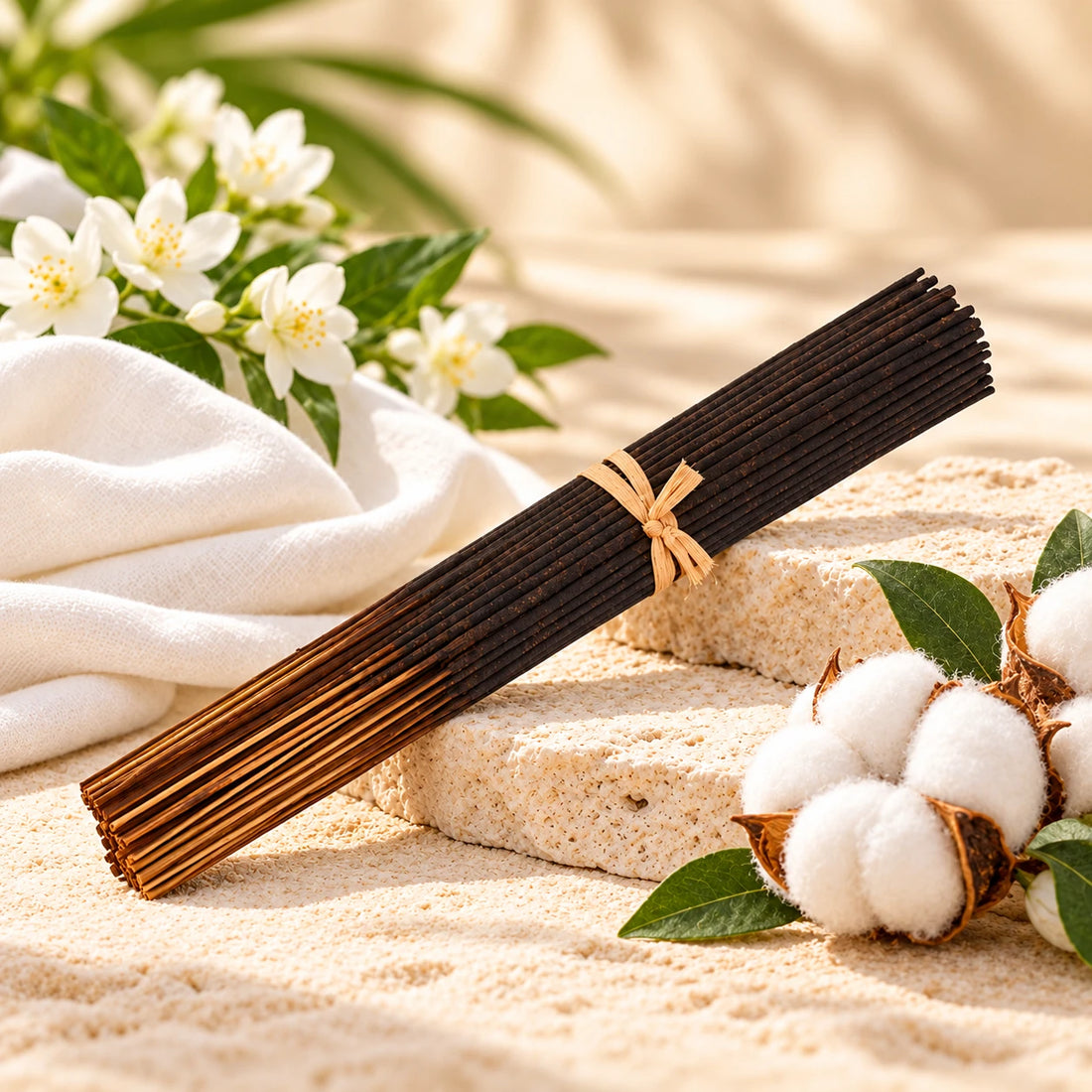 Clean Cotton incense sticks with cotton, white flowers and soft fabric.