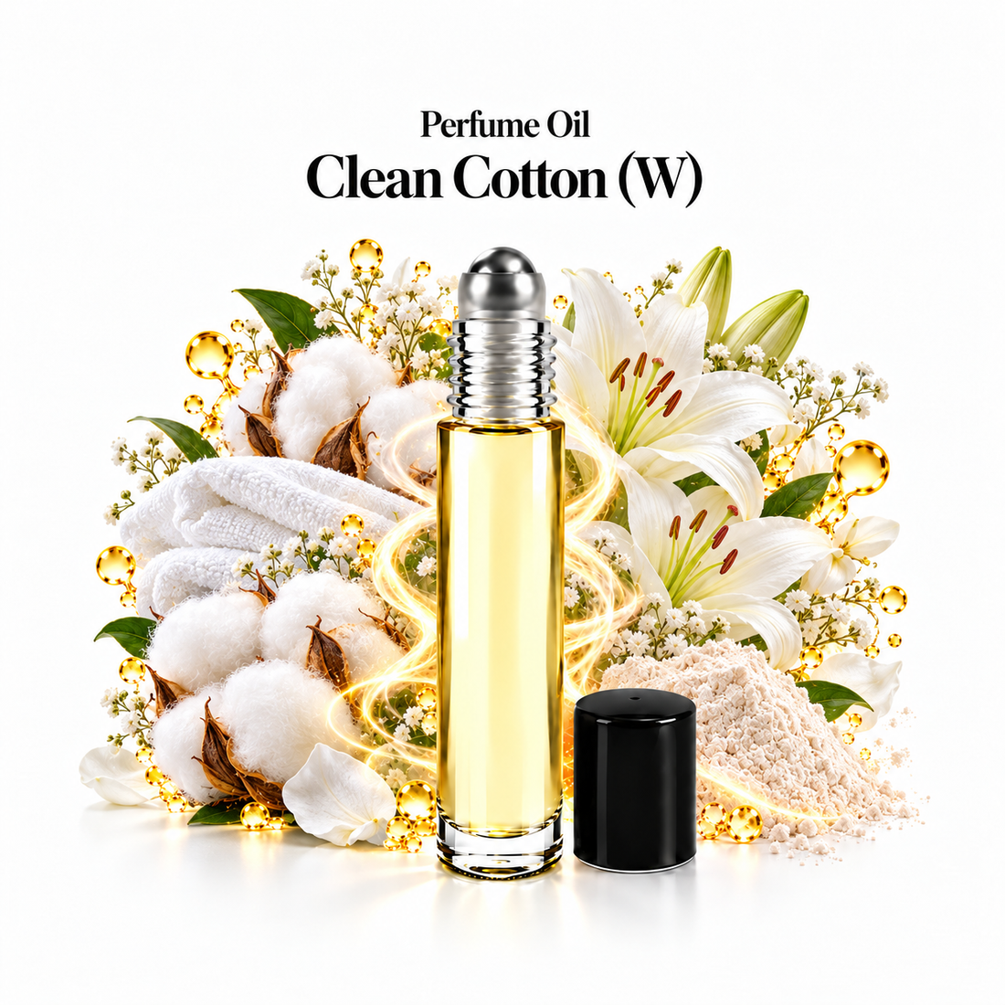 Clean Cotton Perfume Oil roll-on with scent-note imagery