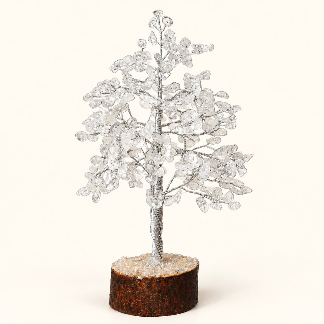 Clear Quartz Crystal Tree on a soft ivory background; view 1.