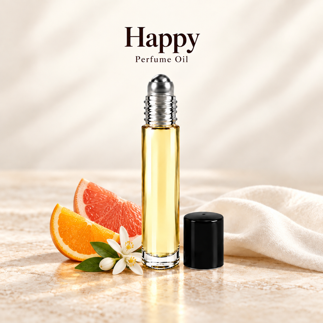 Clinique Happy Perfume Oil with simple scent note accents on soft ivory