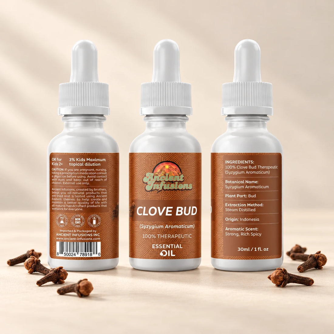 Ancient Infusions Clove Bud Essential Oil bottle with botanicals on a soft ivory background.