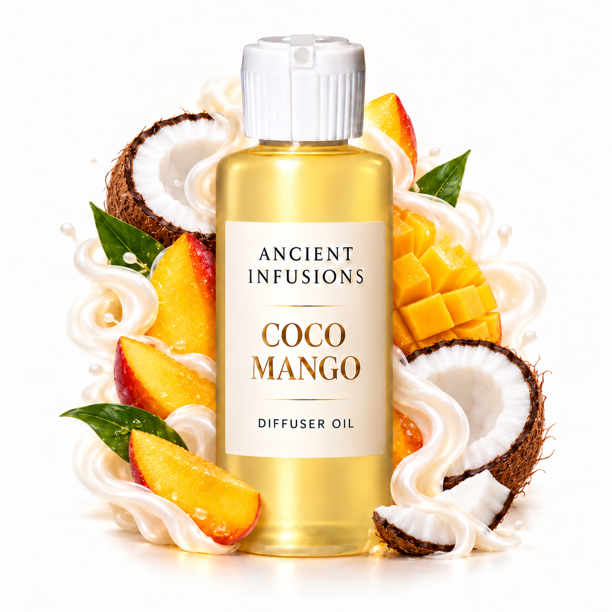 Coco Mango Diffuser Oil by Ancient Infusions in a golden oil bottle with scent artwork