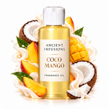 Coco Mango Fragrance Oil by Ancient Infusions in a golden oil bottle with scent artwork