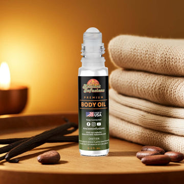 Cocoa Butter Cashmere Body oil bottle with vanilla beans and almonds on a wooden surface