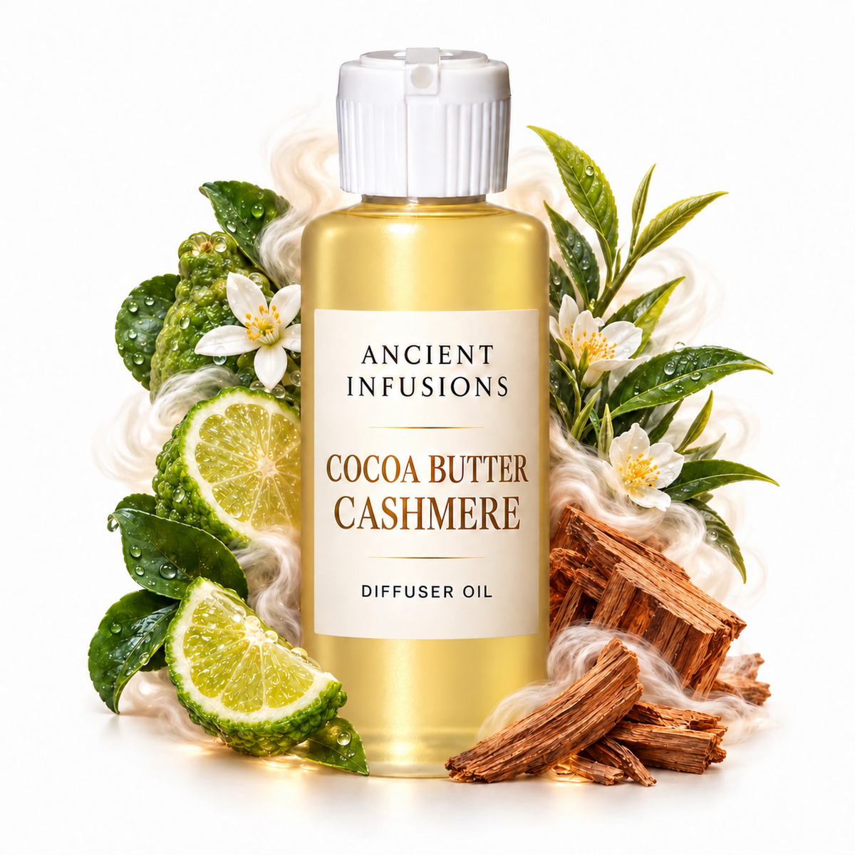 Cocoa Butter Cashmere Diffuser Oil by Ancient Infusions with golden oil, white cap and matching scent artwork