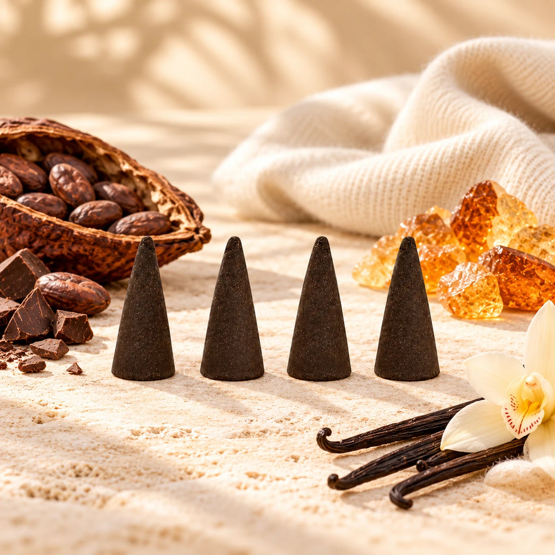Cocoa Butter Cashmere Incense Cones on cream stone.