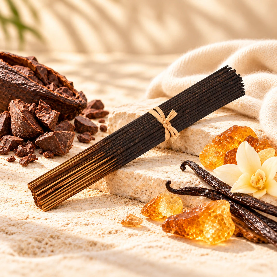 Cocoa Butter Cashmere Incense Sticks on cream stone.