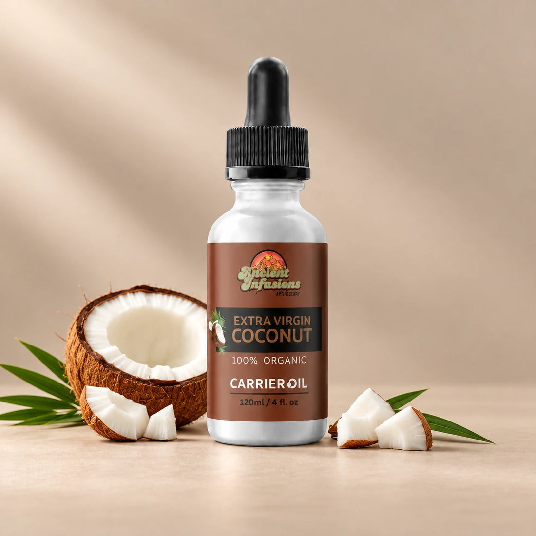 Ancient Infusions Coconut Oil Carrier Oil silver bottle with black dropper on a warm stone background.