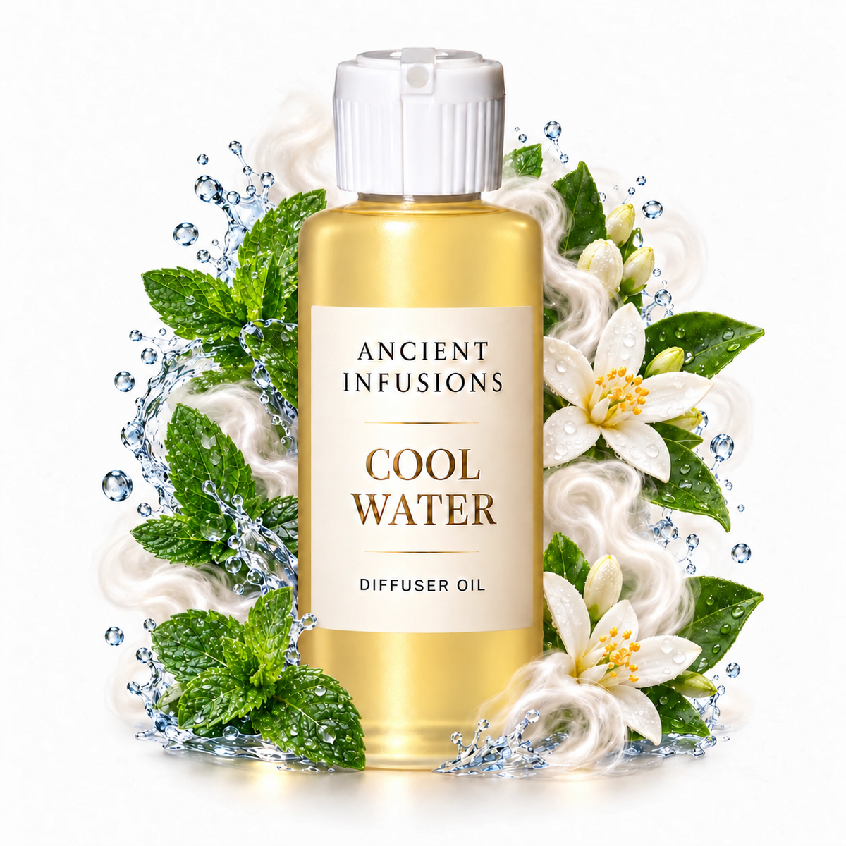 Cool Water Diffuser Oil by Ancient Infusions with golden oil, white cap and matching scent artwork