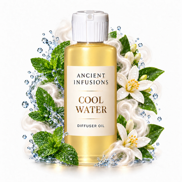 Cool Water Diffuser Oil by Ancient Infusions with golden oil, white cap and matching scent artwork