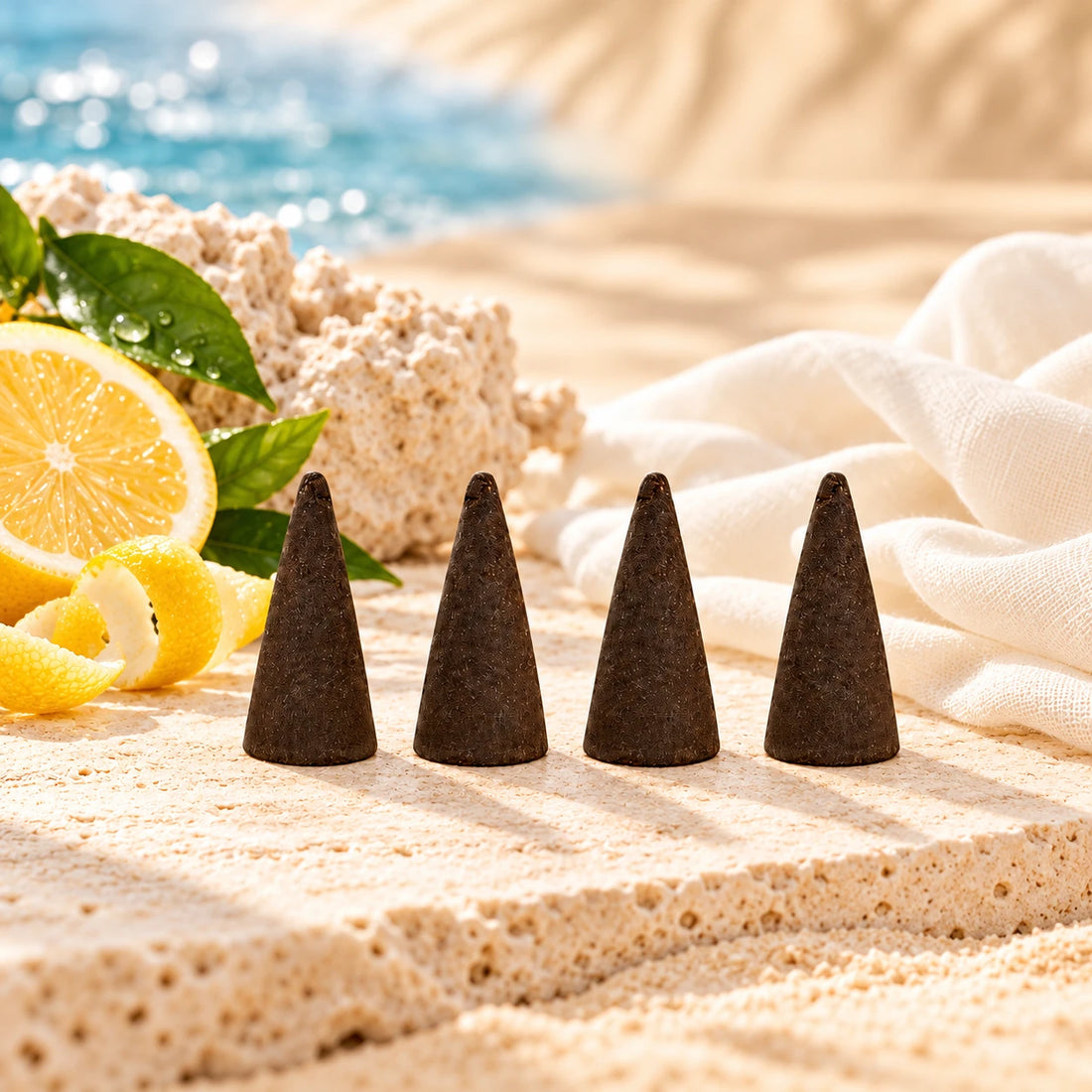 Cool Water Incense Cones on cream stone.