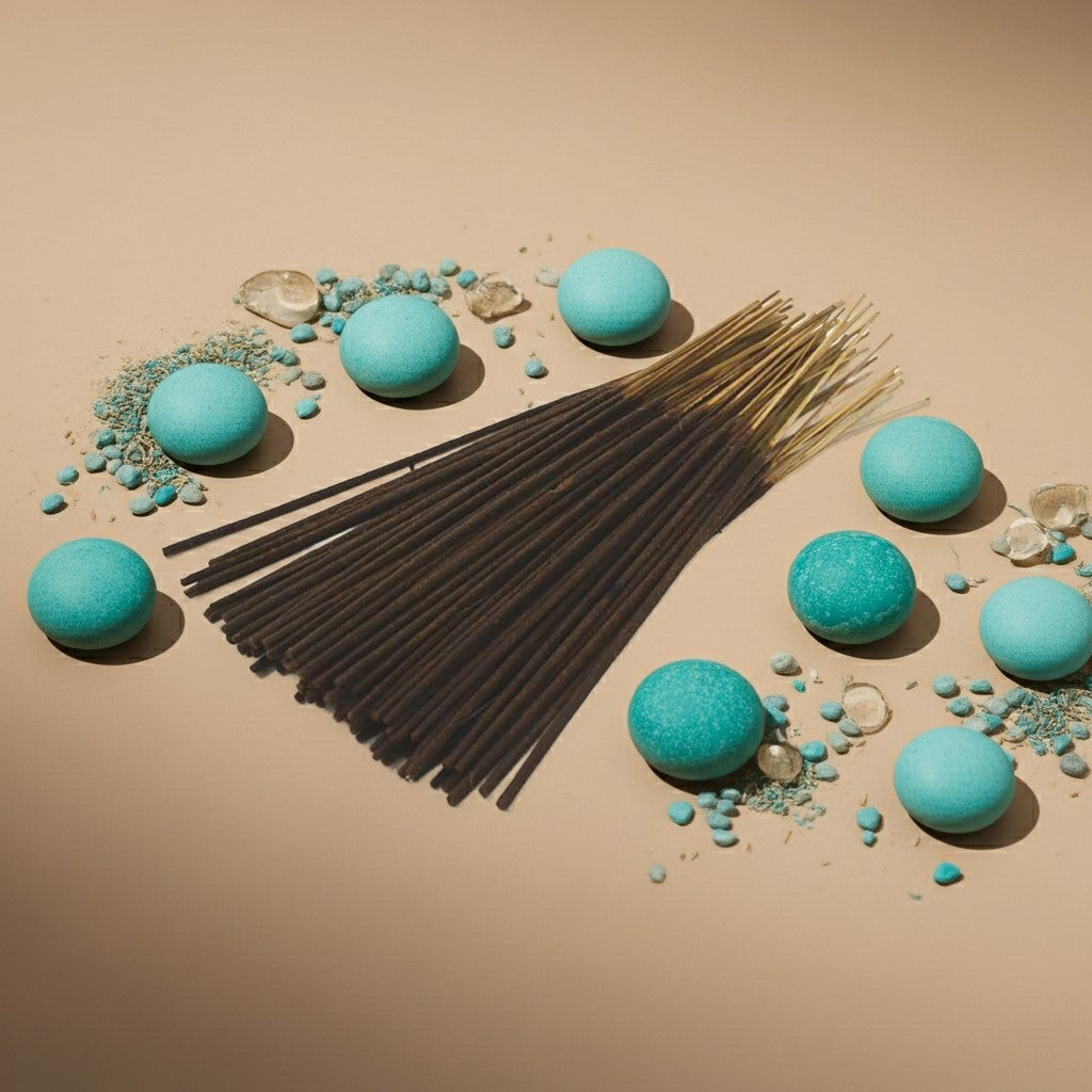Cool Water Incense Sticks with blue sand and stones on a beige background