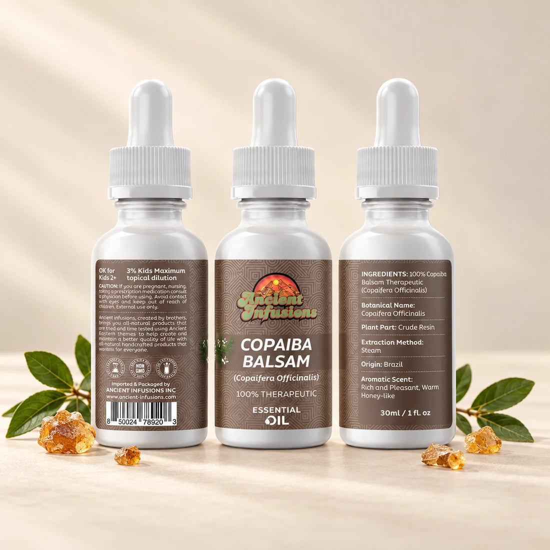Ancient Infusions Copaiba Balsam Essential Oil bottle with botanicals on a soft ivory background.