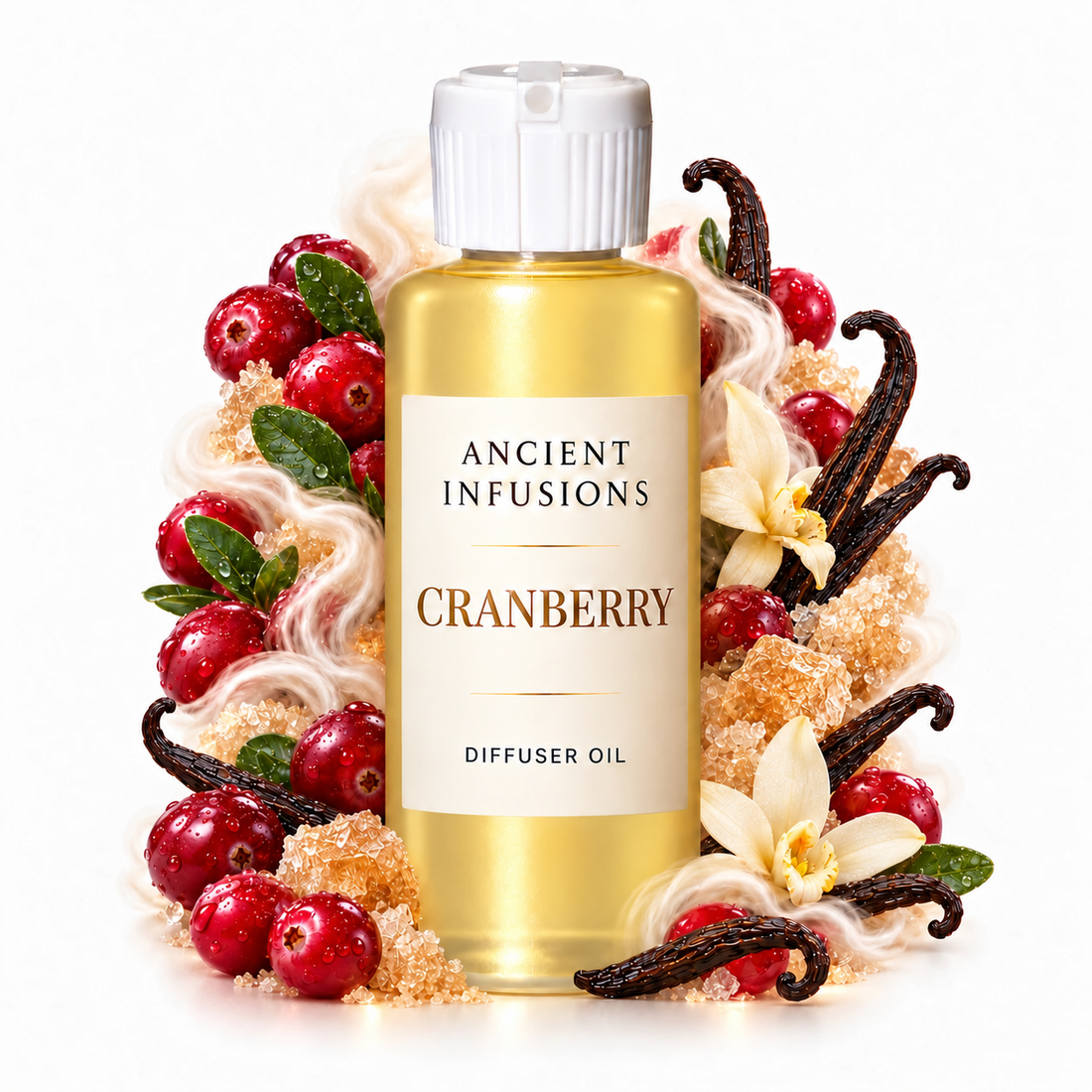 Cranberry Diffuser Oil by Ancient Infusions with golden oil, white cap and matching scent artwork