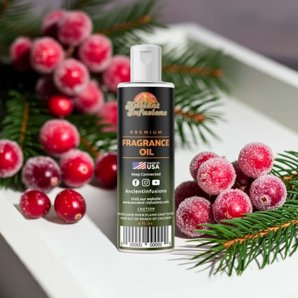 Bottle of Cranberry Fragrance Oil with fresh cranberries and pine branches