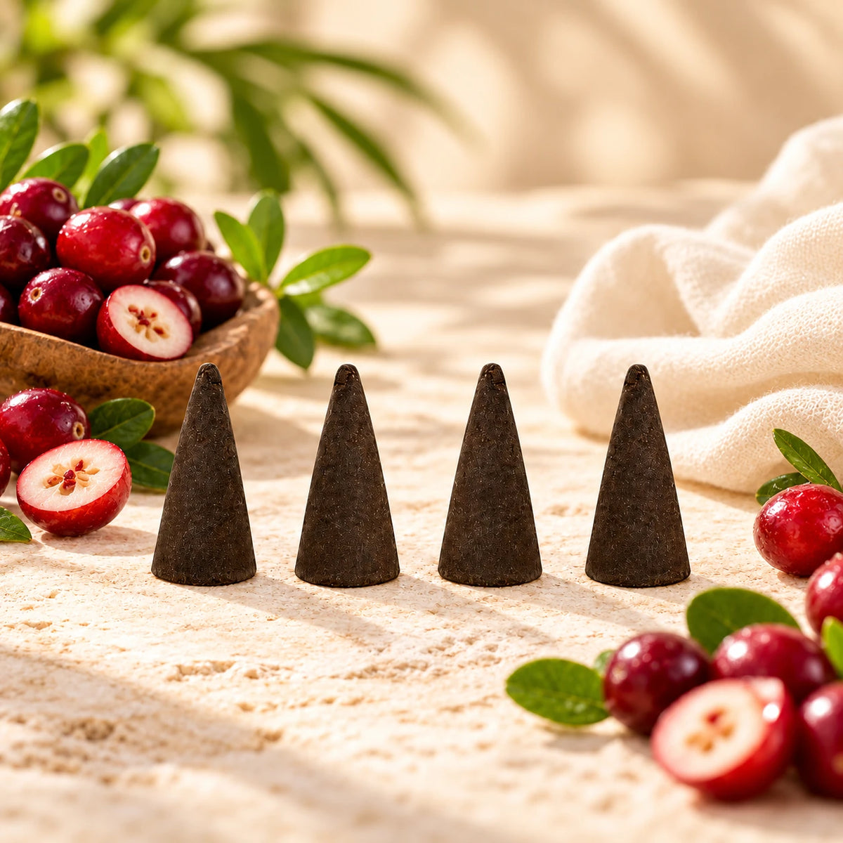 Cranberry Incense Cones on cream stone.