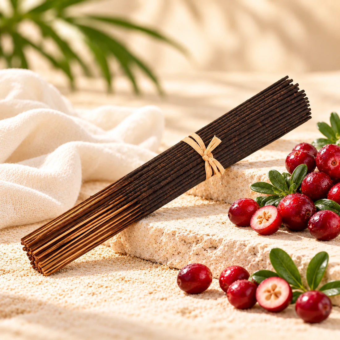 Cranberry Incense Sticks on cream stone.