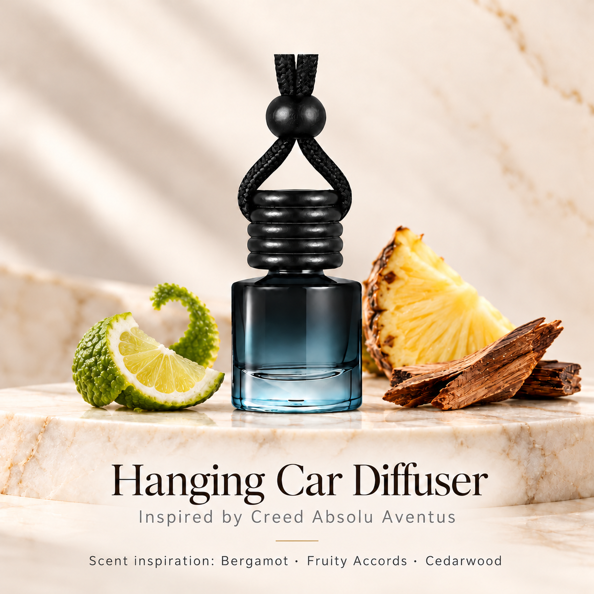 Creed Absolu Aventus inspired hanging car diffuser with bergamot, fruity accords and cedarwood scent illustrations