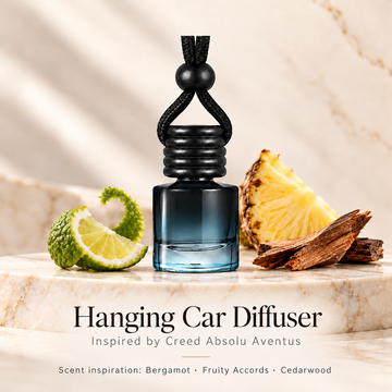 Creed Absolu Aventus inspired hanging car diffuser with bergamot, fruity accords and cedarwood scent illustrations