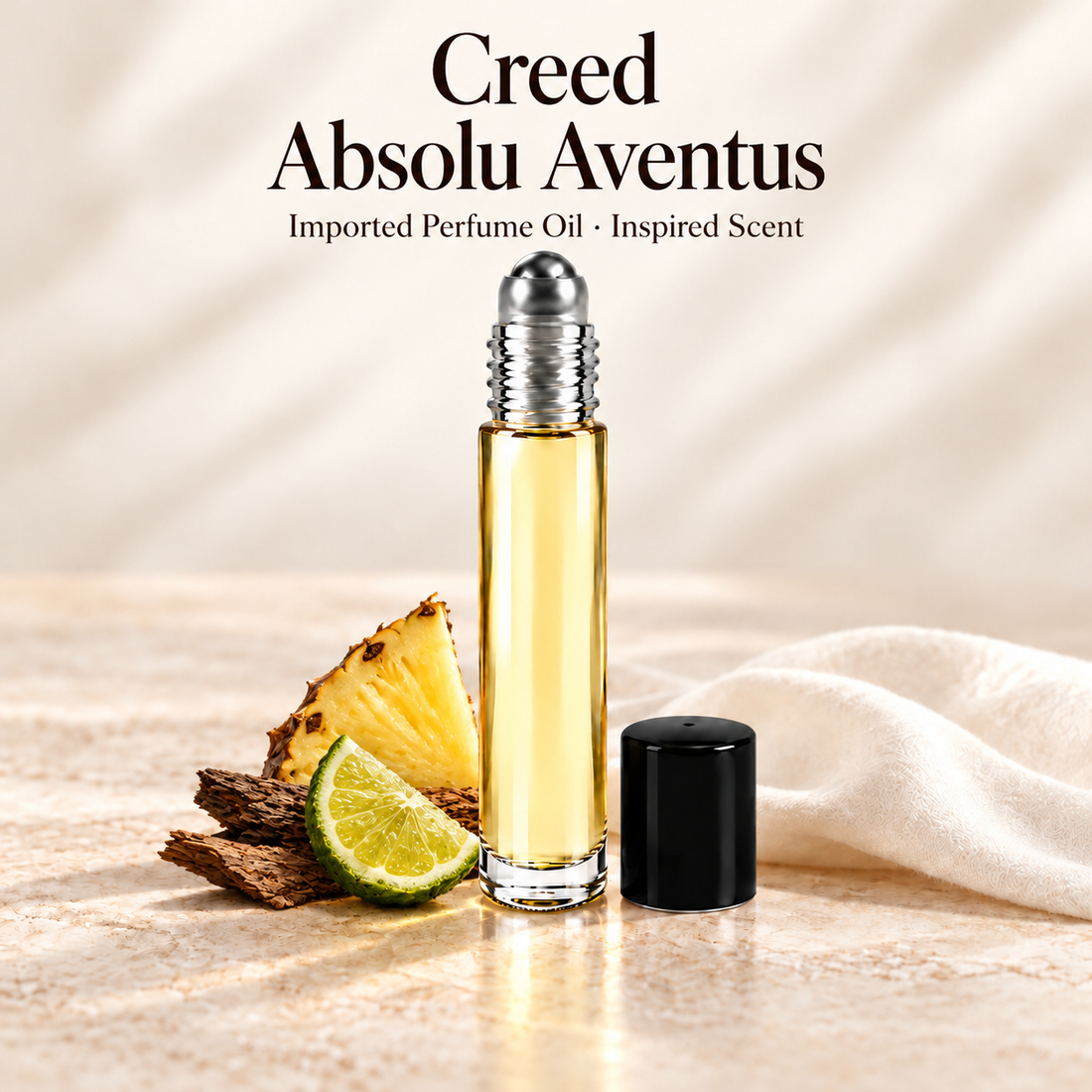 Creed Absolu Aventus Perfume Oil with minimal fragrance note accents on soft ivory