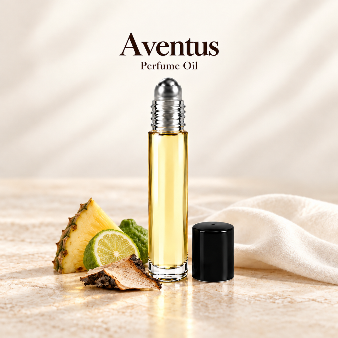 Creed Aventus Perfume Oil with simple scent note accents on soft ivory