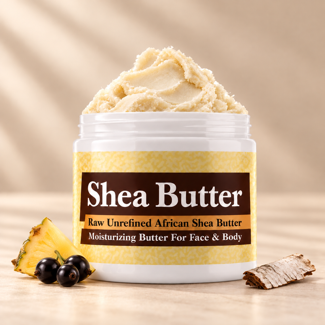 Creed Aventus inspired shea butter in an open white jar with textured ivory butter and simple pineapple, blackcurrant and birch scent accents on a soft cream background.