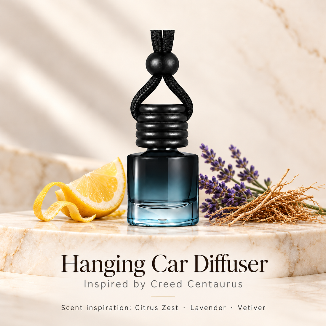 Hanging car diffuser inspired by Creed Centaurus, with scent illustrations on warm ivory stone