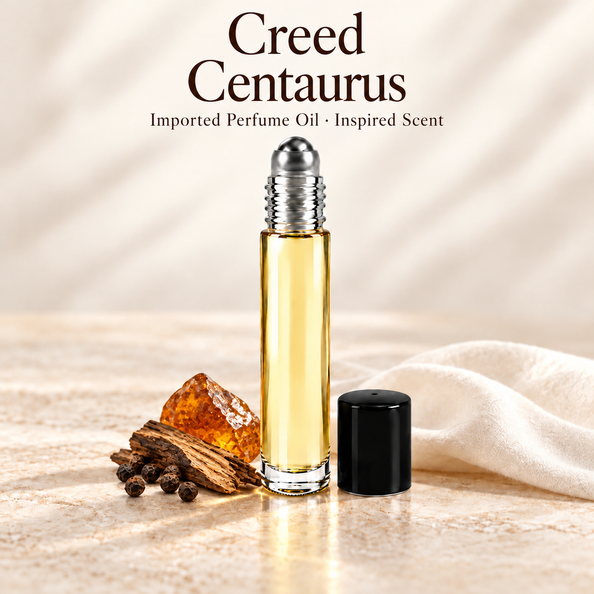 Creed Centaurus Perfume Oil with minimal fragrance note accents on soft ivory