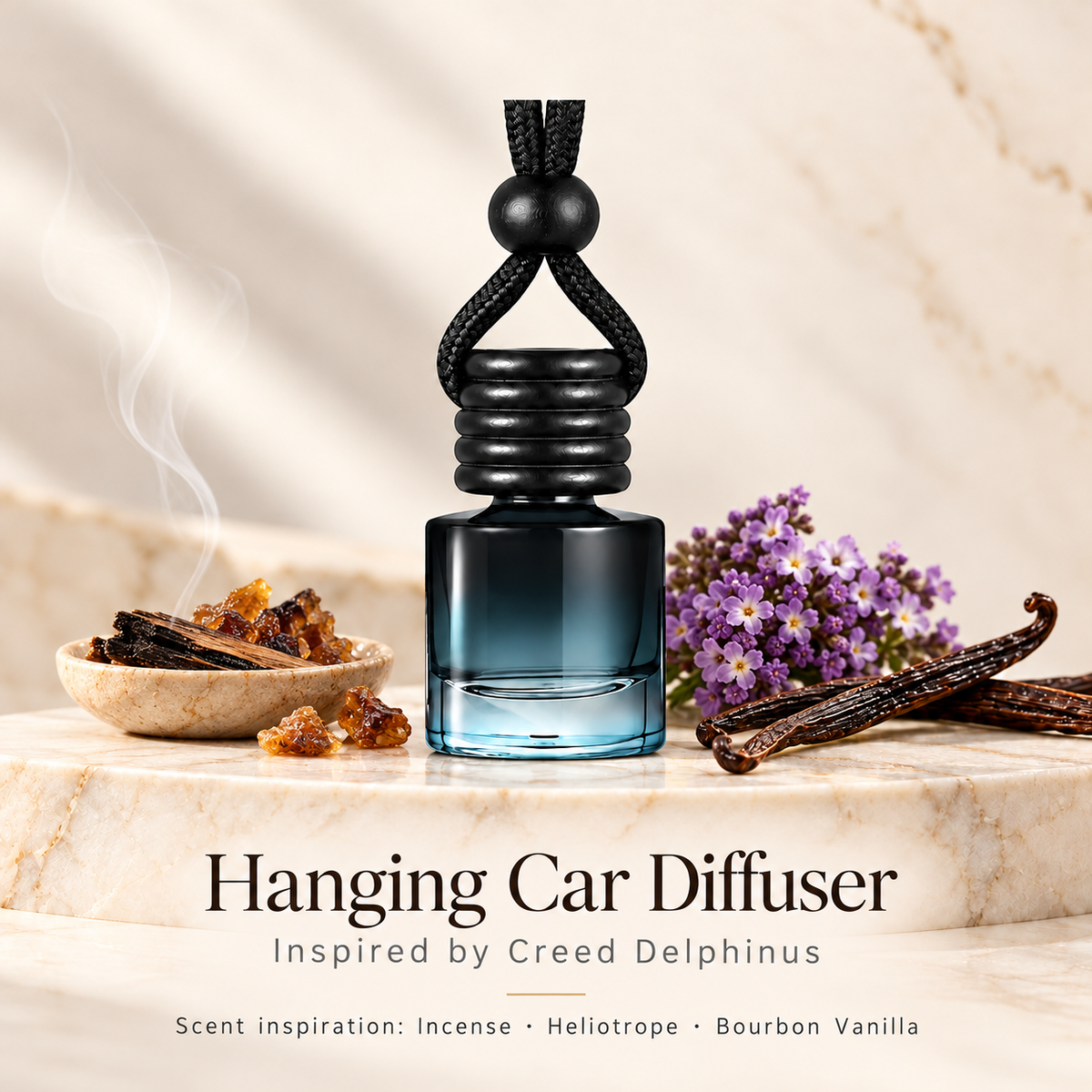 Hanging car diffuser inspired by Creed Delphinus, with scent illustrations on warm ivory stone