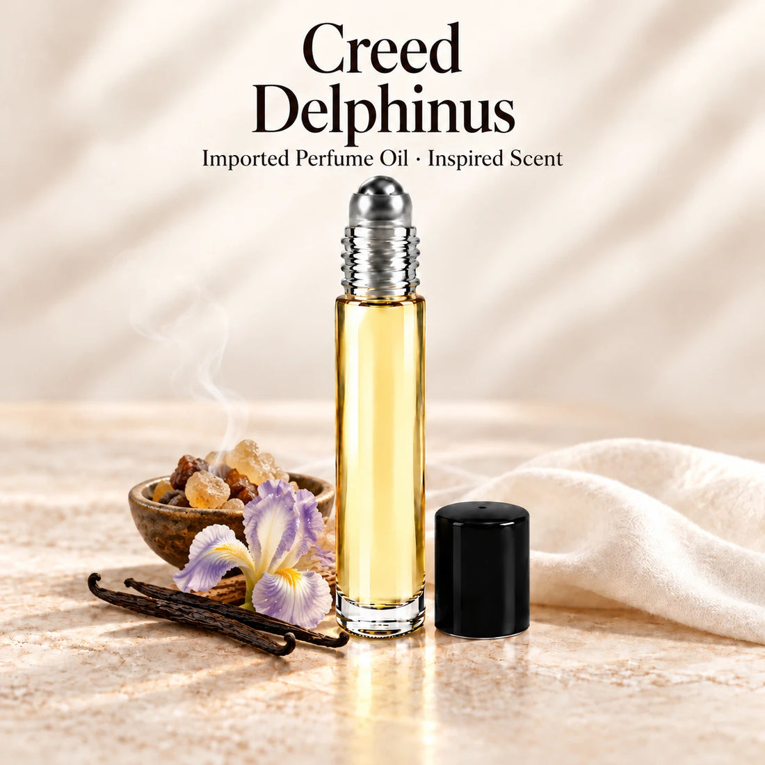 Creed Delphinus Perfume Oil in a slim glass roll-on bottle with a silver roller and black cap on an ivory stone surface.