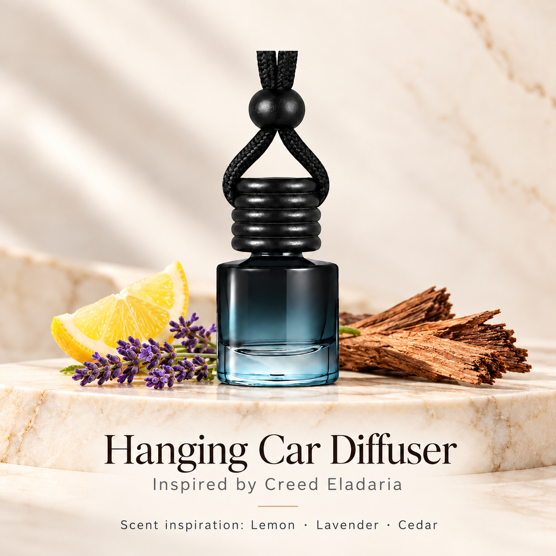 Hanging car diffuser inspired by Creed Eladaria, with scent illustrations on warm ivory stone