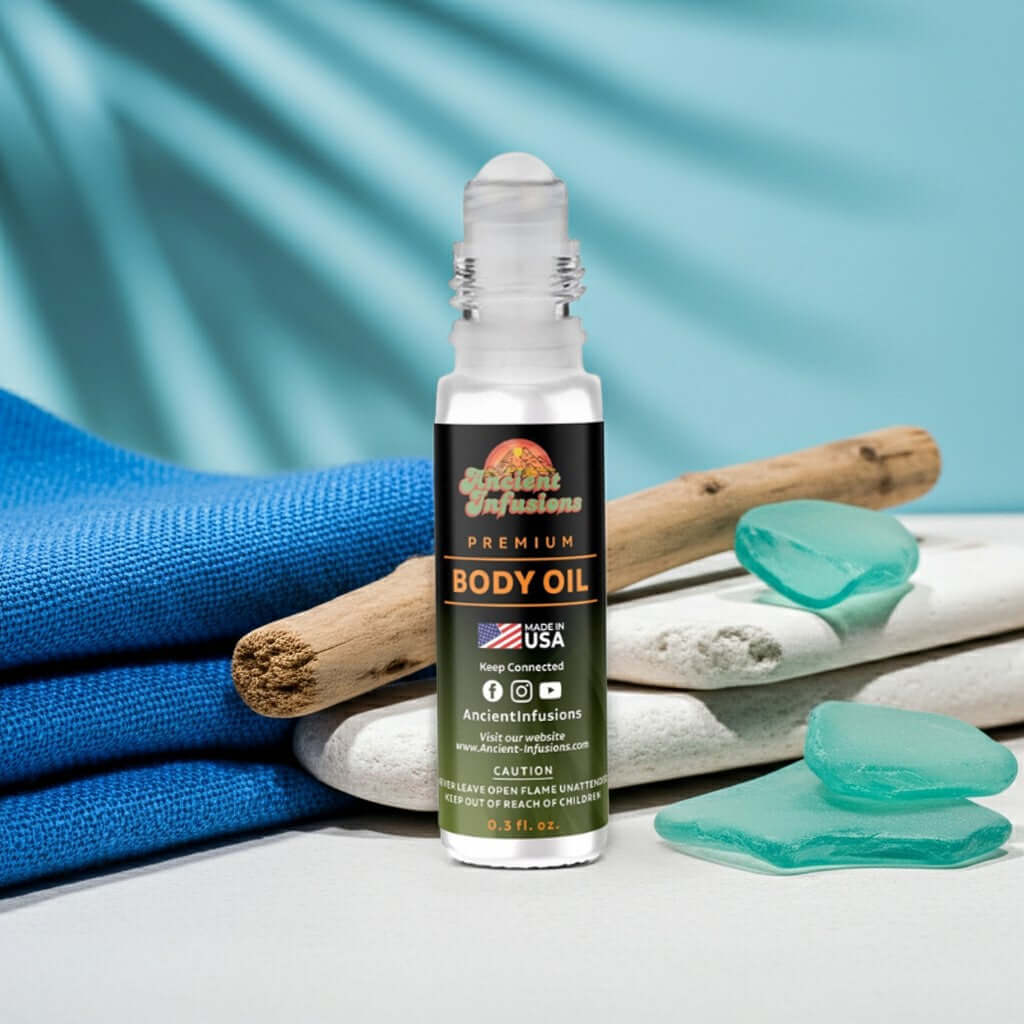 Creed Eladaria Inspired Body Oil with citrus, herbs, musk, and driftwood notes displayed on a natural background.