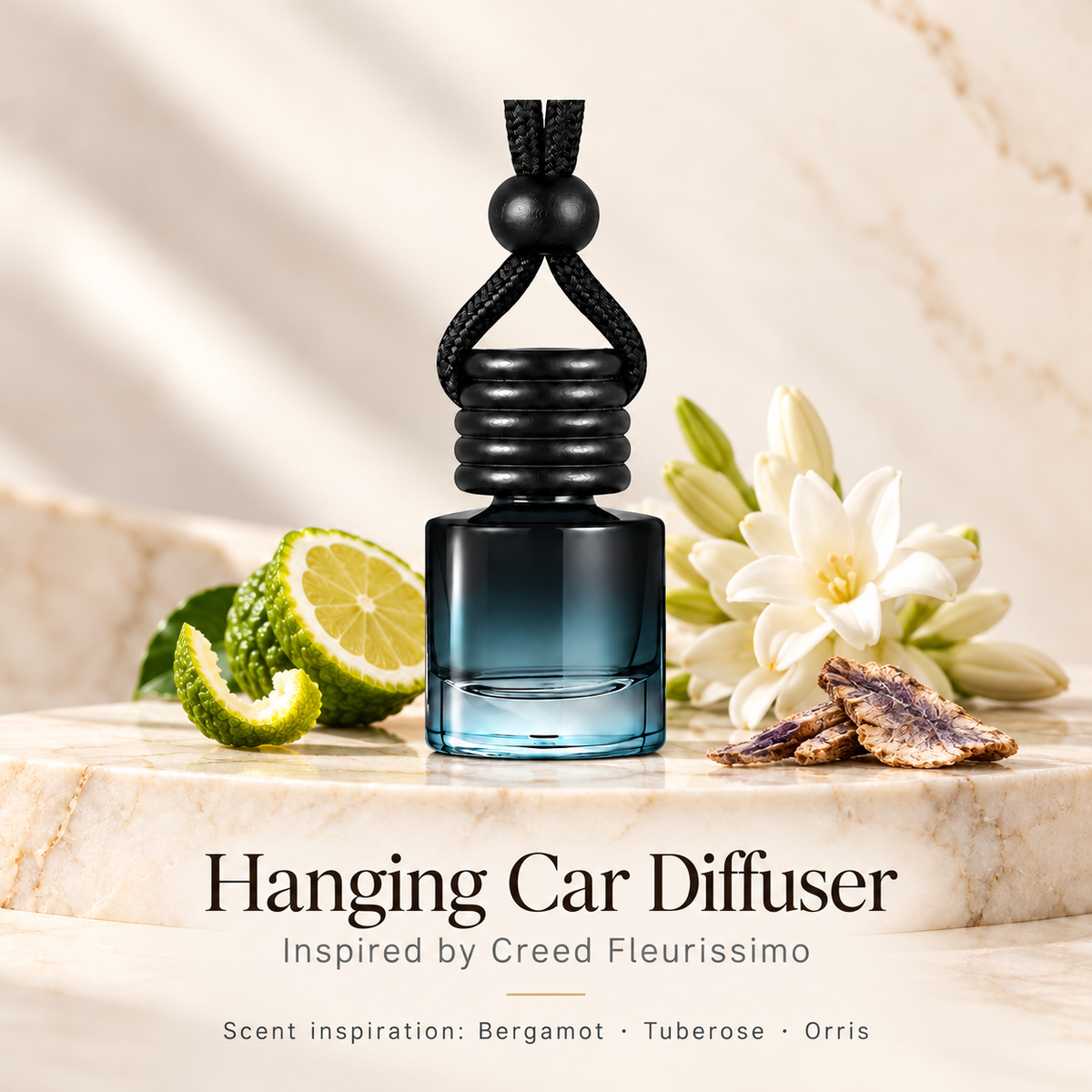 Hanging car diffuser inspired by Creed Fleurissimo, with scent illustrations on warm ivory stone