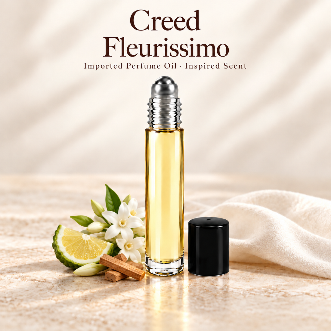 Creed Fleurissimo Perfume Oil with minimal fragrance note accents on soft ivory