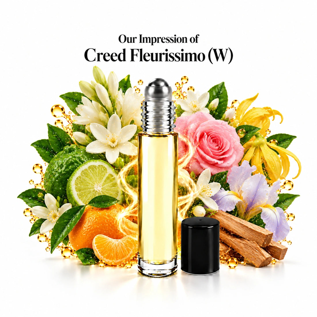 Our impression of Creed Fleurissimo perfume oil with fragrance notes on white