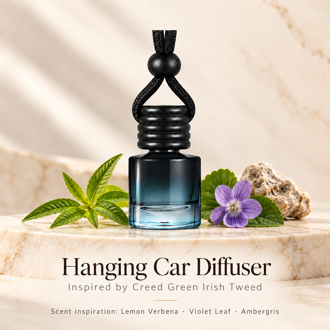 Hanging car diffuser inspired by Creed Green Irish Tweed, with scent illustrations on warm ivory stone