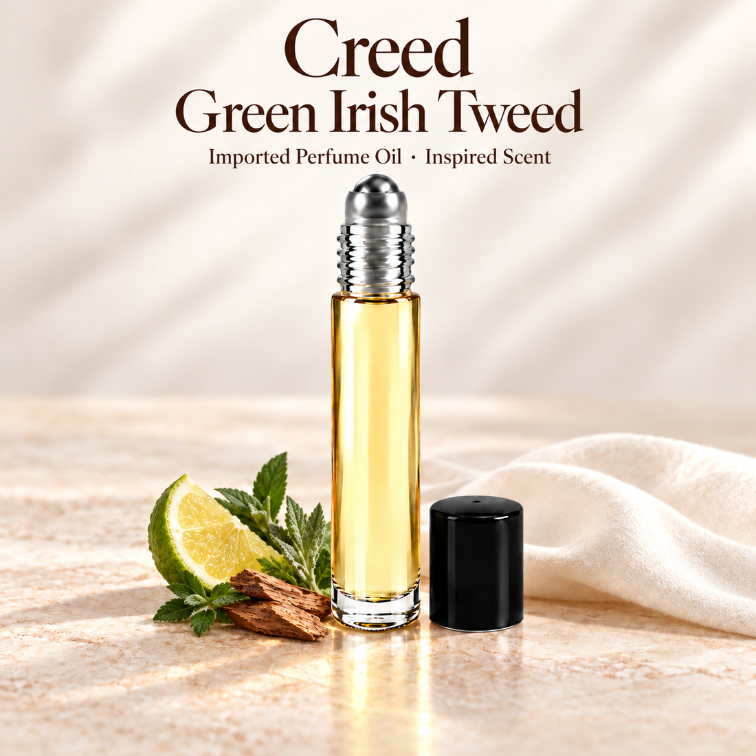 Creed Green Irish Tweed Perfume Oil with minimal fragrance note accents on soft ivory
