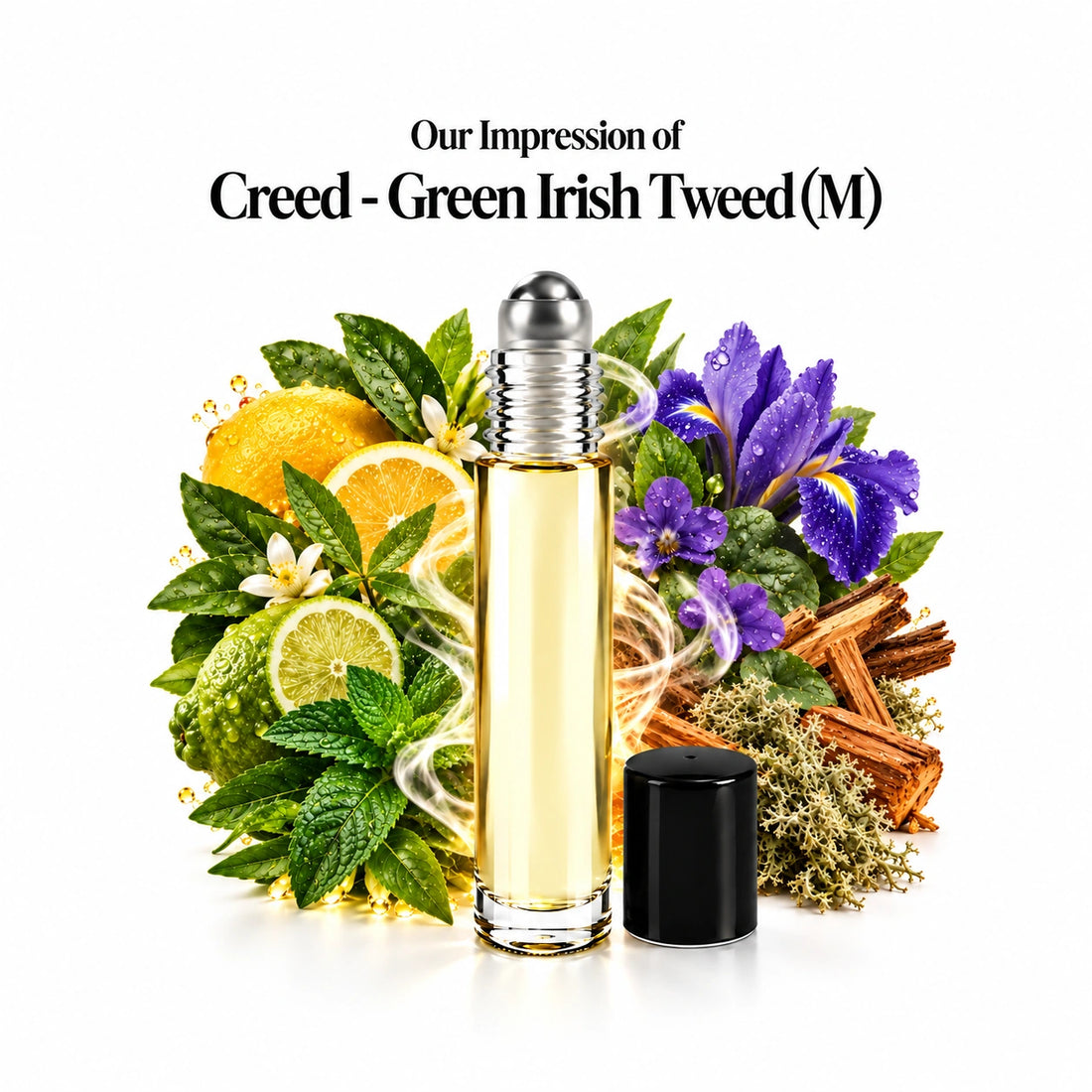 Our impression of Creed - Green Irish Tweed Perfume Oil centered roll-on and scent-note halo with generous white spacing.