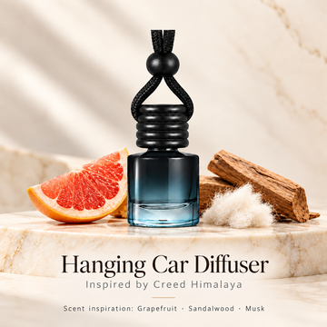 Hanging car diffuser inspired by Creed Himalaya, with scent illustrations on warm ivory stone
