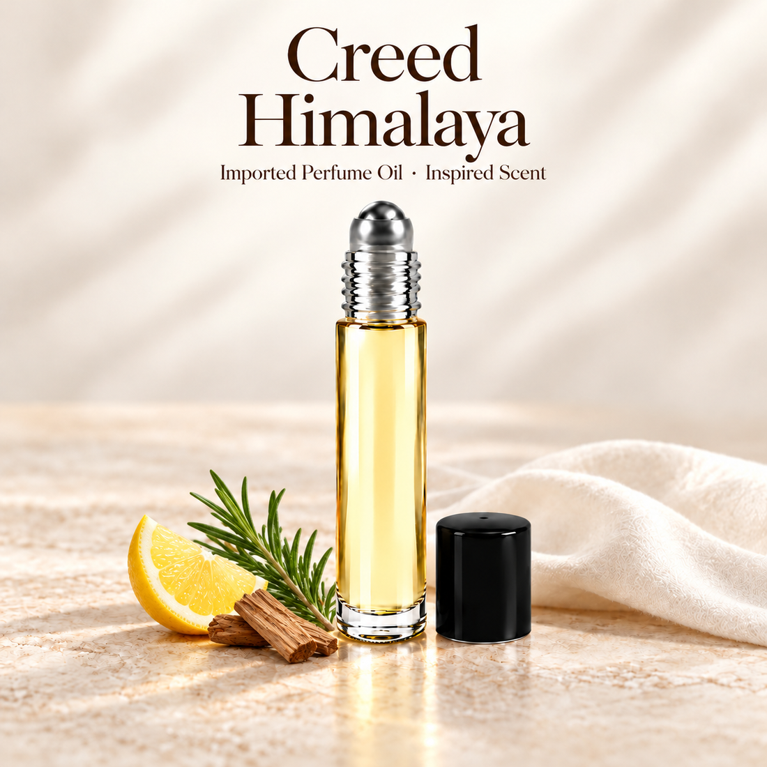 Creed Himalaya Perfume Oil with minimal fragrance note accents on soft ivory